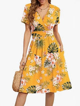 V Neck A Line Mid Calf Dress Women Casual – Yellow | The Bellemont Sisters Australia