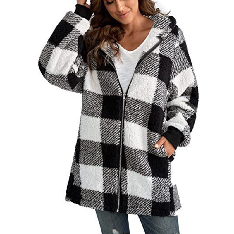 Arabella - Plaid Fleece Long Sleeve Hooded Coat – Black | The Bellemont Sisters Australia