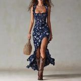 Zara | Bohemian Floral Ruched Maxi Dress with Side Slit – Navy Blue | The Bellemont Sisters Australia