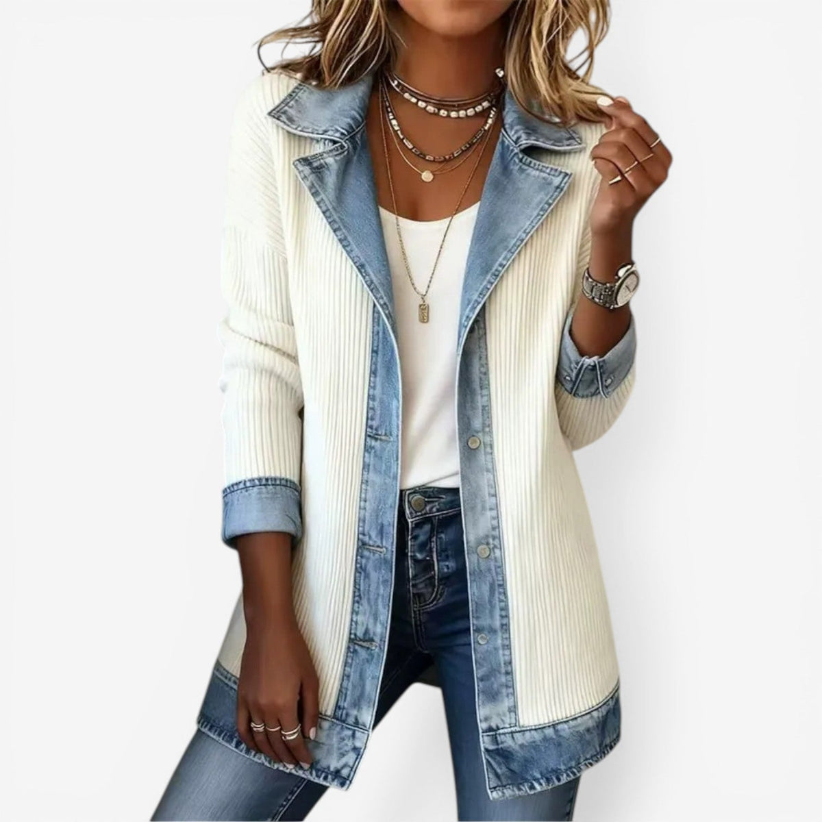 Emilia™ - Blazer in blended denim – White | The Bellemont Sisters Australia
