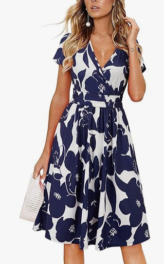 V Neck A Line Mid Calf Dress Women Casual – Navy | The Bellemont Sisters Australia