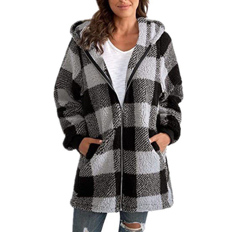 Arabella - Plaid Fleece Long Sleeve Hooded Coat – Gray | The Bellemont Sisters Australia
