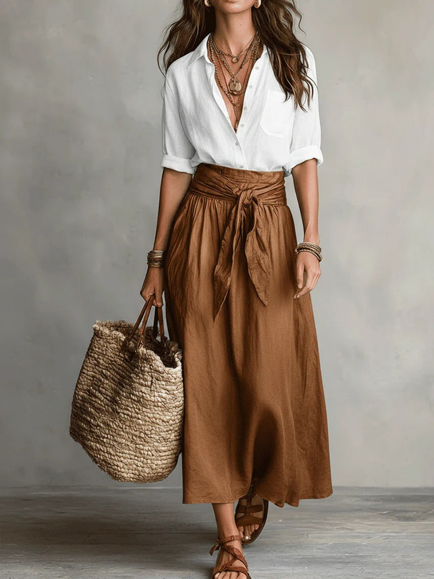 RIVER | Two-Piece Set: Black Top and Olive Green Midi Skirt – Brown | The Bellemont Sisters Australia