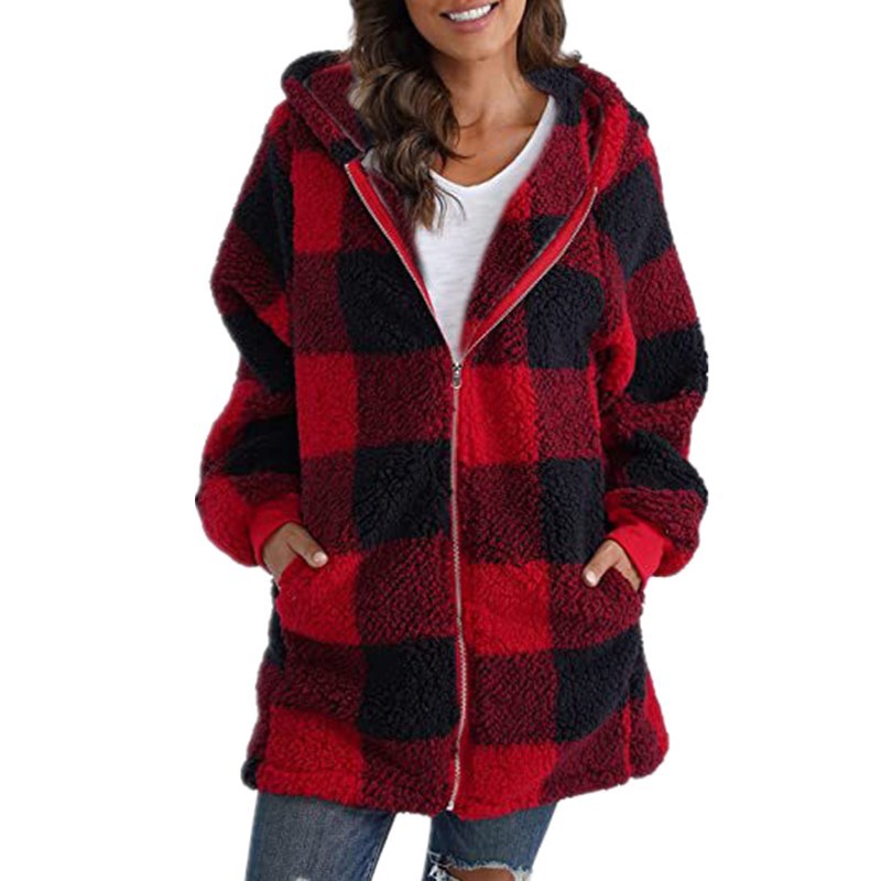 Arabella - Plaid Fleece Long Sleeve Hooded Coat – Red | The Bellemont Sisters Australia