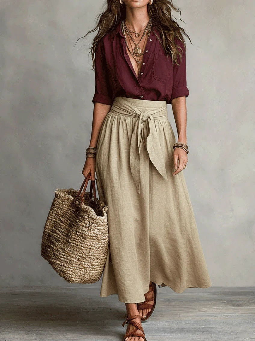 Vera™ | Two-Piece Set: Black Top and Olive Green Midi Skirt – Khaki Red | The Bellemont Sisters Australia