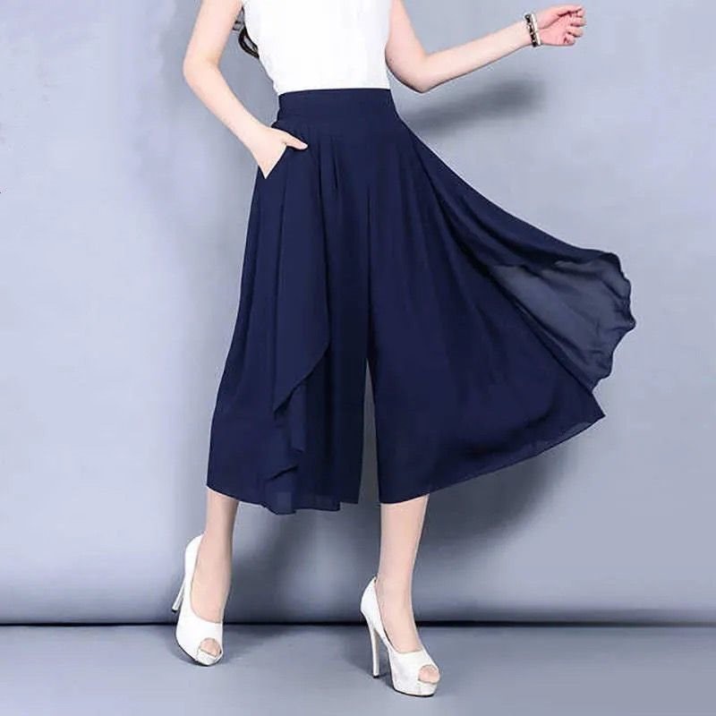 Riza - Women's asymmetrical chiffon pants with wide legs – Blue | The Bellemont Sisters Australia