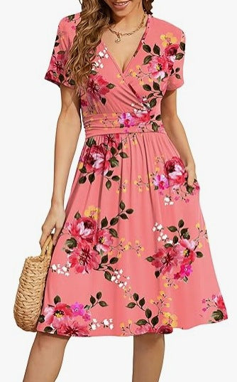 V Neck A Line Mid Calf Dress Women Casual – Pink | The Bellemont Sisters Australia