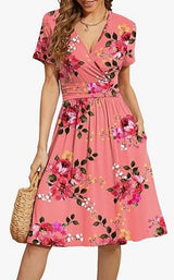 V Neck A Line Mid Calf Dress Women Casual – Pink | The Bellemont Sisters Australia