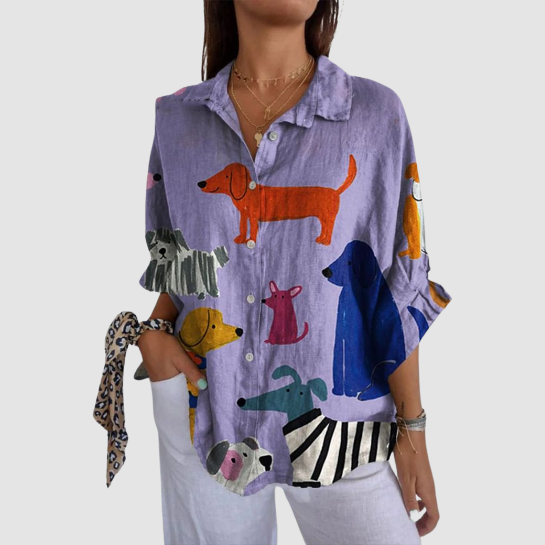 Kathleen™ Dog printed loose shirt – Purple | The Bellemont Sisters Australia