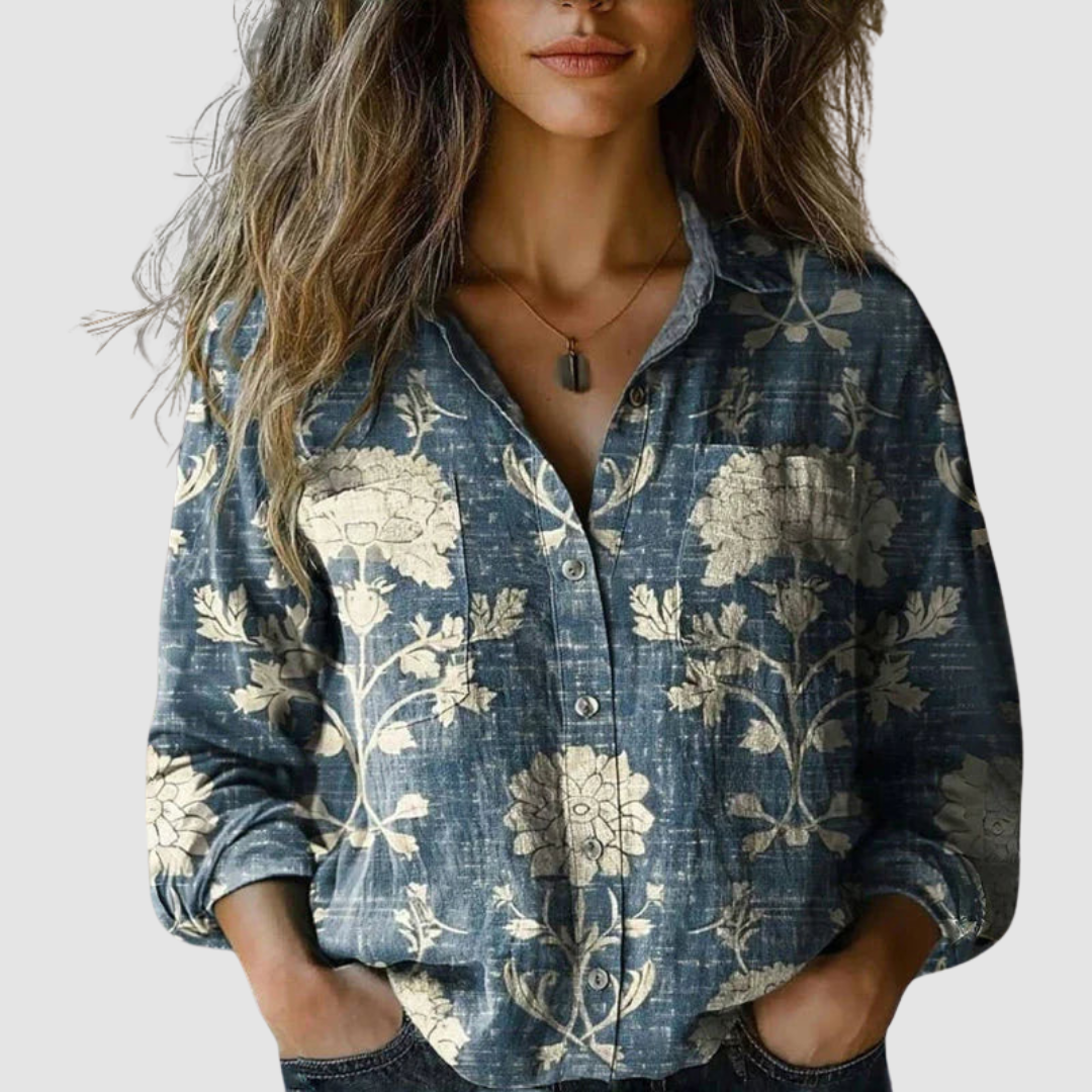 Morena™ Vintage Printed Blouse – Blue | The Bellemont Sisters Australia
