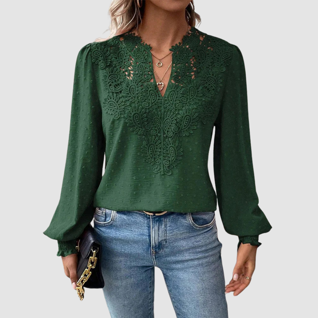 Sondra™ Luxury Lace Blouse with V-Neck – Green | The Bellemont Sisters Australia