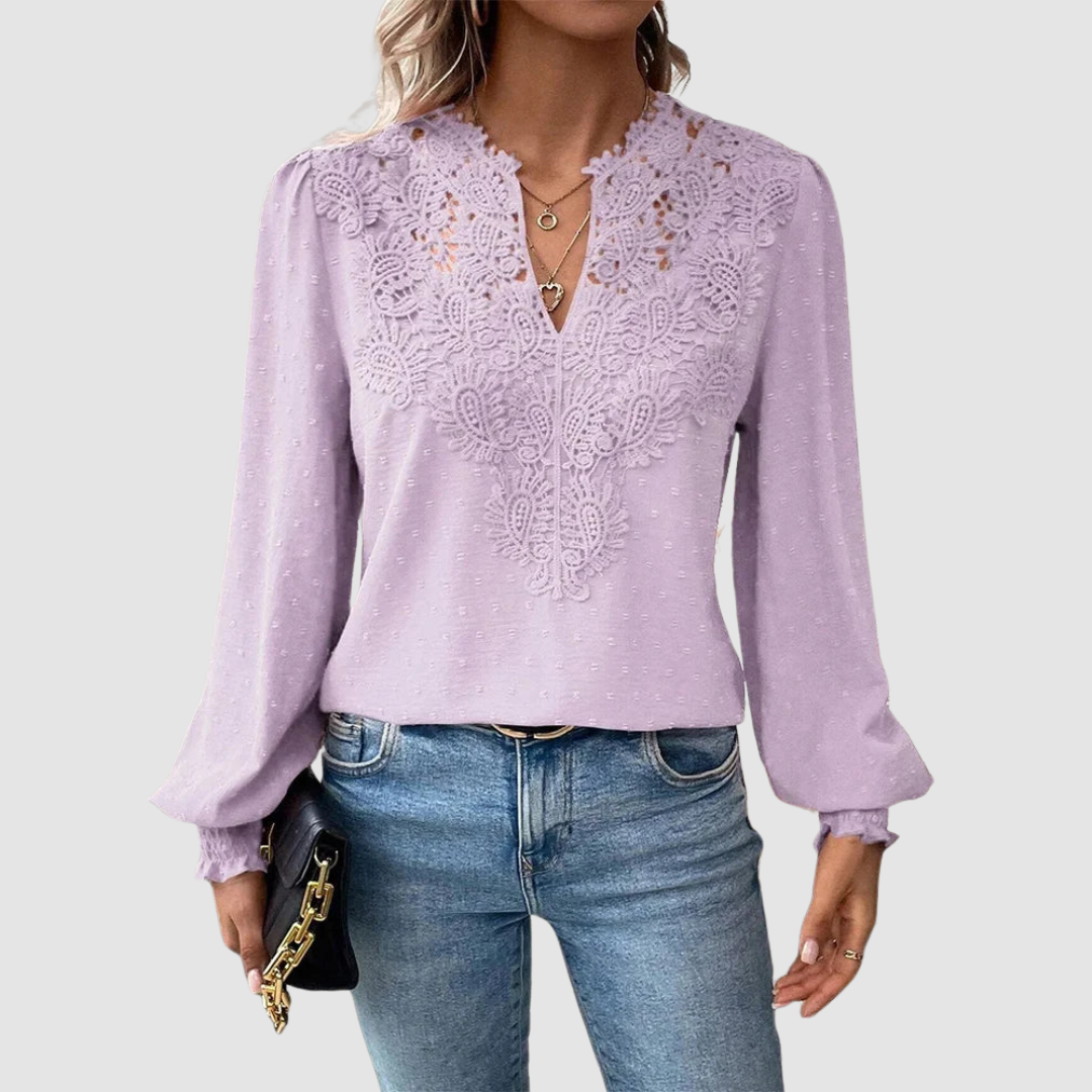 Sondra™ Luxury Lace Blouse with V-Neck – Light Purple | The Bellemont Sisters Australia
