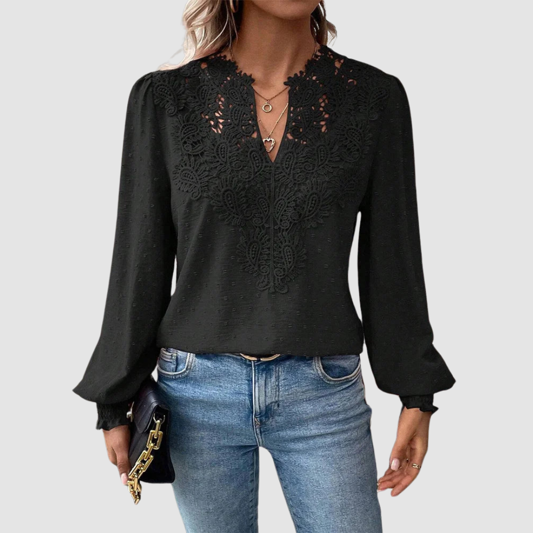 Sondra™ Luxury Lace Blouse with V-Neck – Black | The Bellemont Sisters Australia