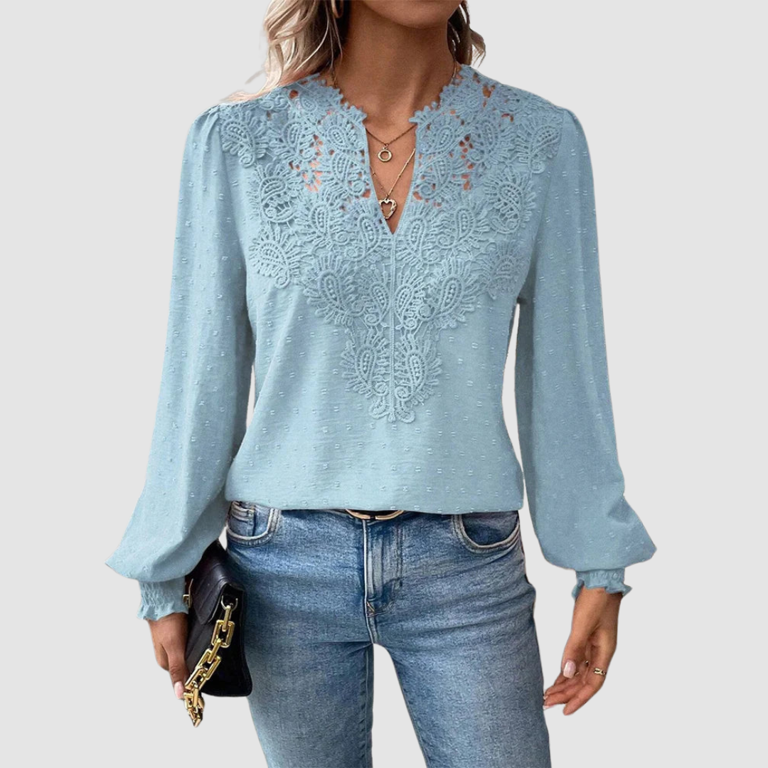 Sondra™ Luxury Lace Blouse with V-Neck – Blue | The Bellemont Sisters Australia