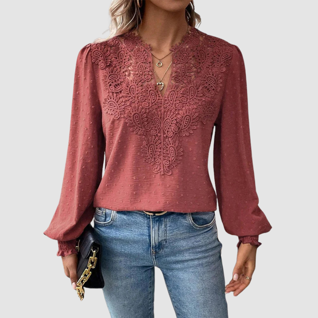 Sondra™ Luxury Lace Blouse with V-Neck – Wine Red | The Bellemont Sisters Australia