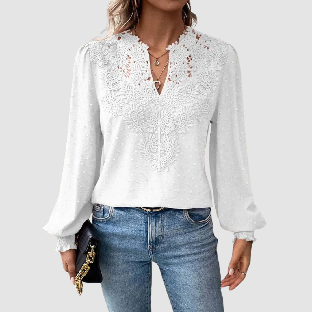 Sondra™ Luxury Lace Blouse with V-Neck – White | The Bellemont Sisters Australia