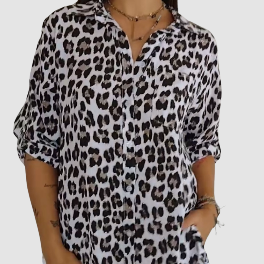 Casey™ Stylish Leopard Print Blouse – White | The Bellemont Sisters Australia