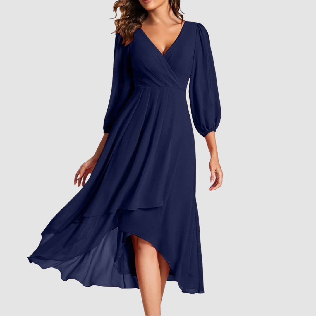 Mia™ Elegant V-neck Long Dress – Navy Blue | The Bellemont Sisters Australia