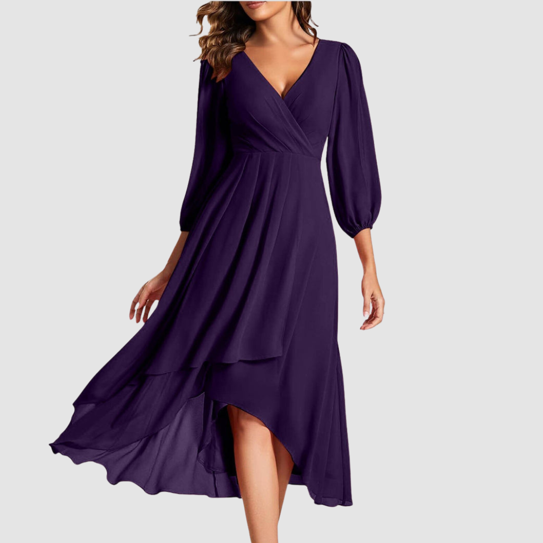 Mia™ Elegant V-neck Long Dress – Purple | The Bellemont Sisters Australia
