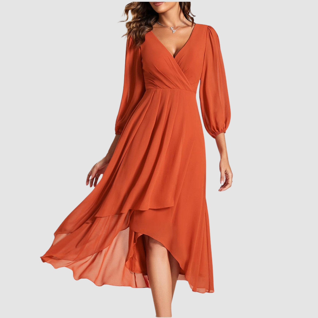 Mia™ Elegant V-neck Long Dress – Orange | The Bellemont Sisters Australia