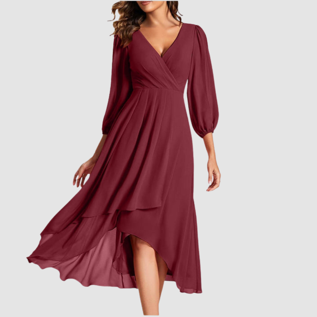 Mia™ Elegant V-neck Long Dress – Red | The Bellemont Sisters Australia