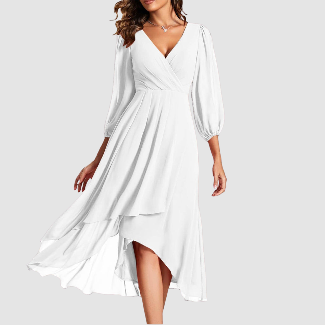 Mia™ Elegant V-neck Long Dress – White | The Bellemont Sisters Australia