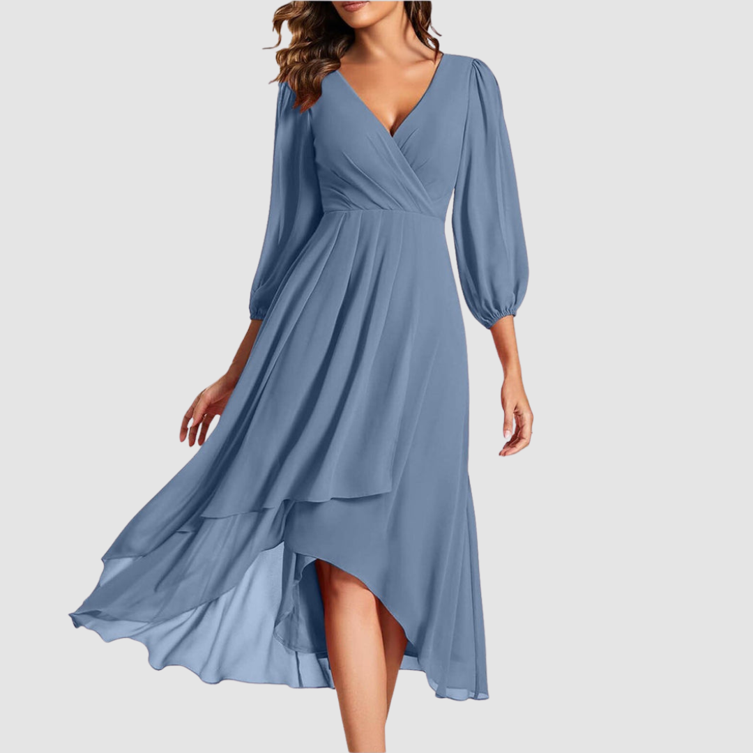 Mia™ Elegant V-neck Long Dress – Blue | The Bellemont Sisters Australia