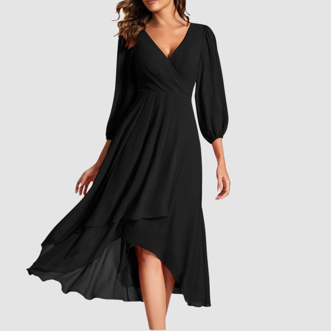 Mia™ Elegant V-neck Long Dress – Black | The Bellemont Sisters Australia
