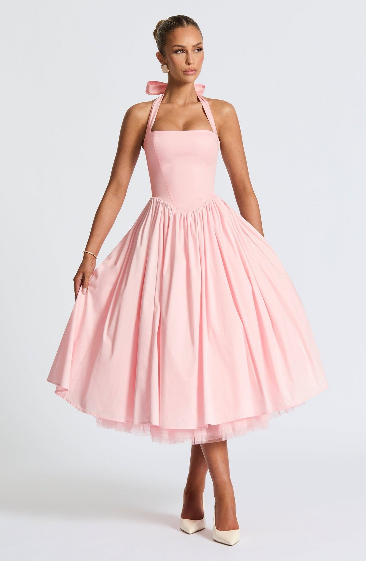 Isabella - Halter Corset Tulle Midi Dress – Pink | The Bellemont Sisters Australia