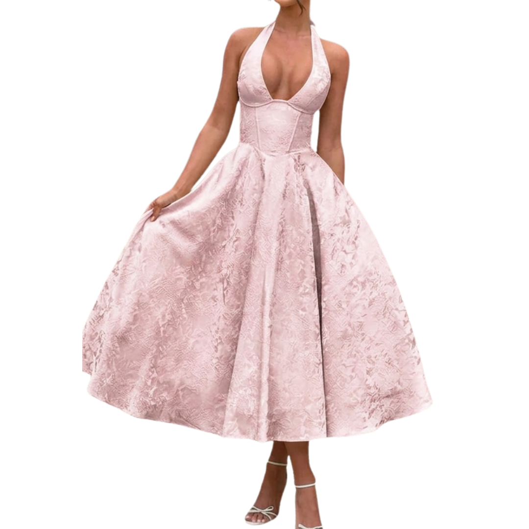 VIOLAINE™ – Embroidered Halter V-Neck Evening Dress – Pink | The Bellemont Sisters Australia