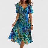 Madison | Elegant Short Dress – Blue/Green | The Bellemont Sisters Australia