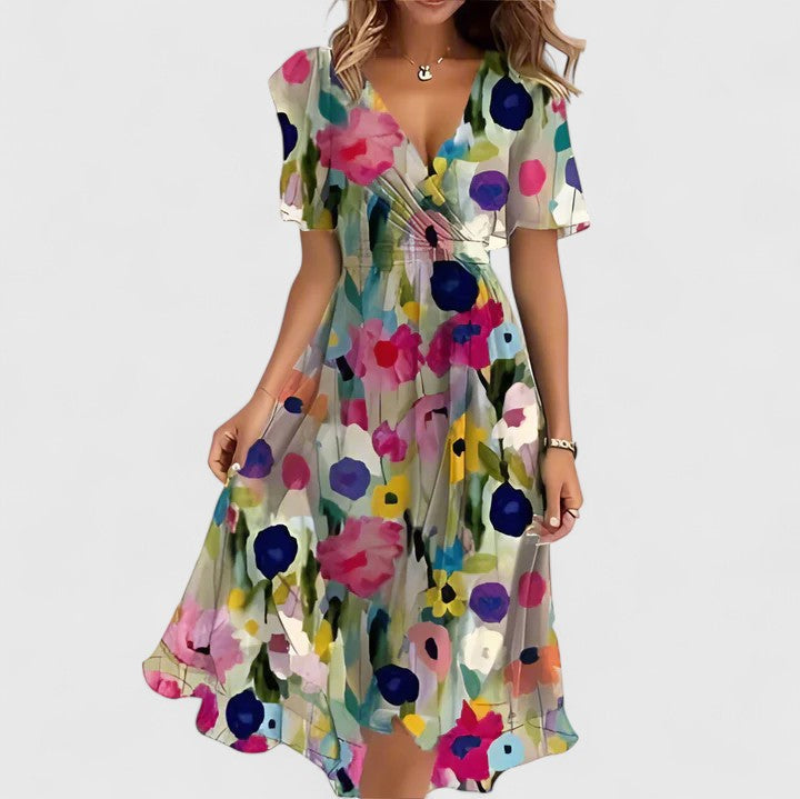 Madison | Elegant Short Dress – Beige Color Floral | The Bellemont Sisters Australia