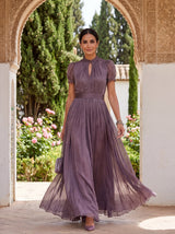 Flavia | Elegant long purple dress with a drop neckline and lace | The Bellemont Sisters Australia