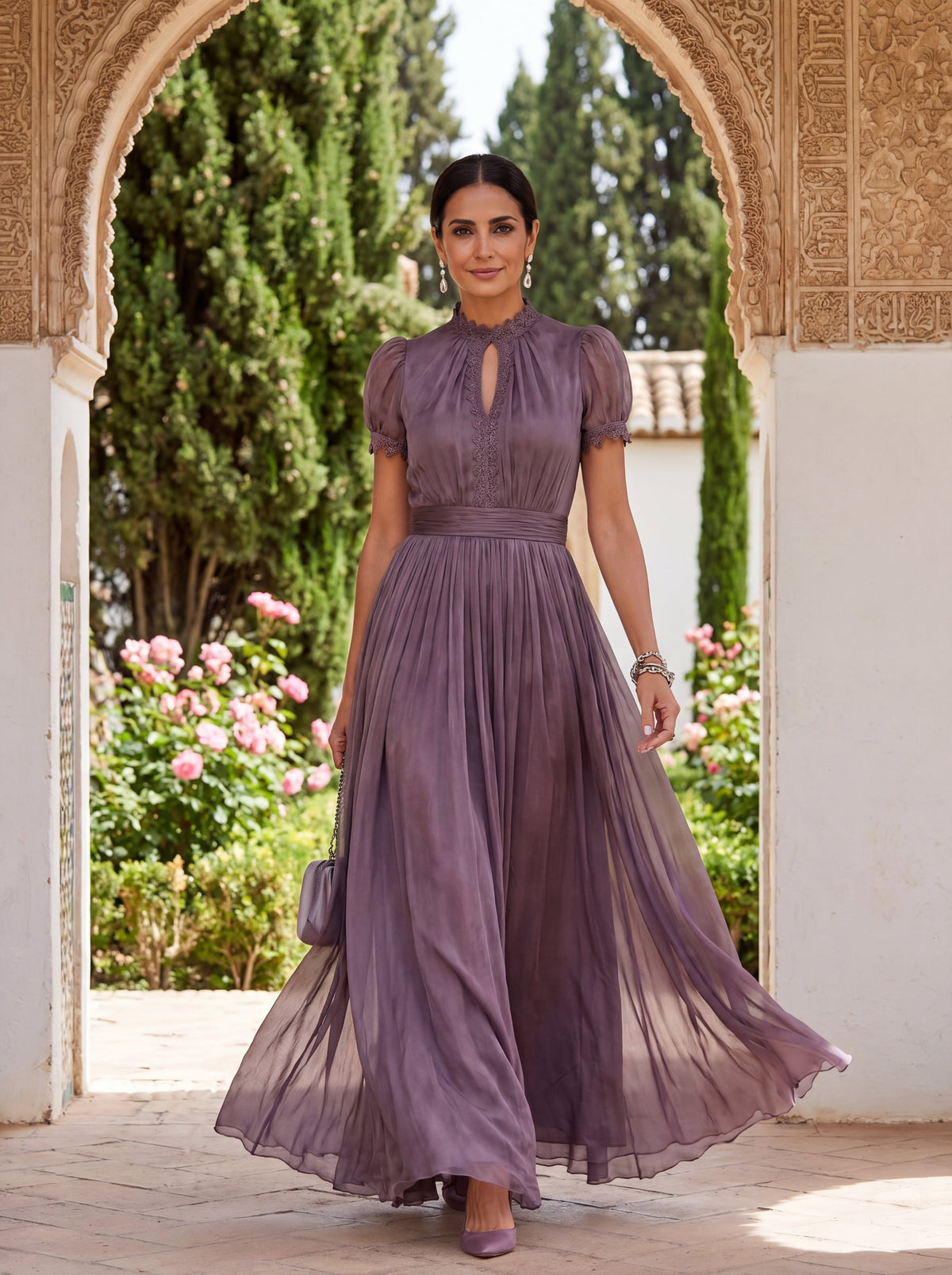 Flavia | Elegant long purple dress with a drop neckline and lace | The Bellemont Sisters Australia