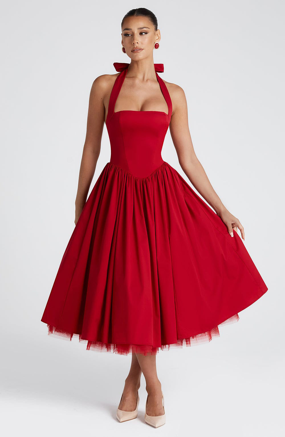Isabella - Halter Corset Tulle Midi Dress – Red | The Bellemont Sisters Australia