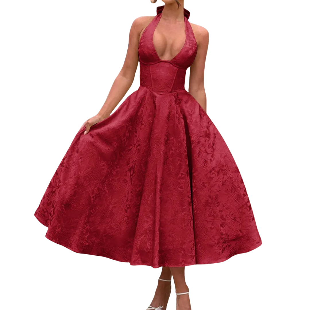 VIOLAINE™ – Embroidered Halter V-Neck Evening Dress – Red | The Bellemont Sisters Australia
