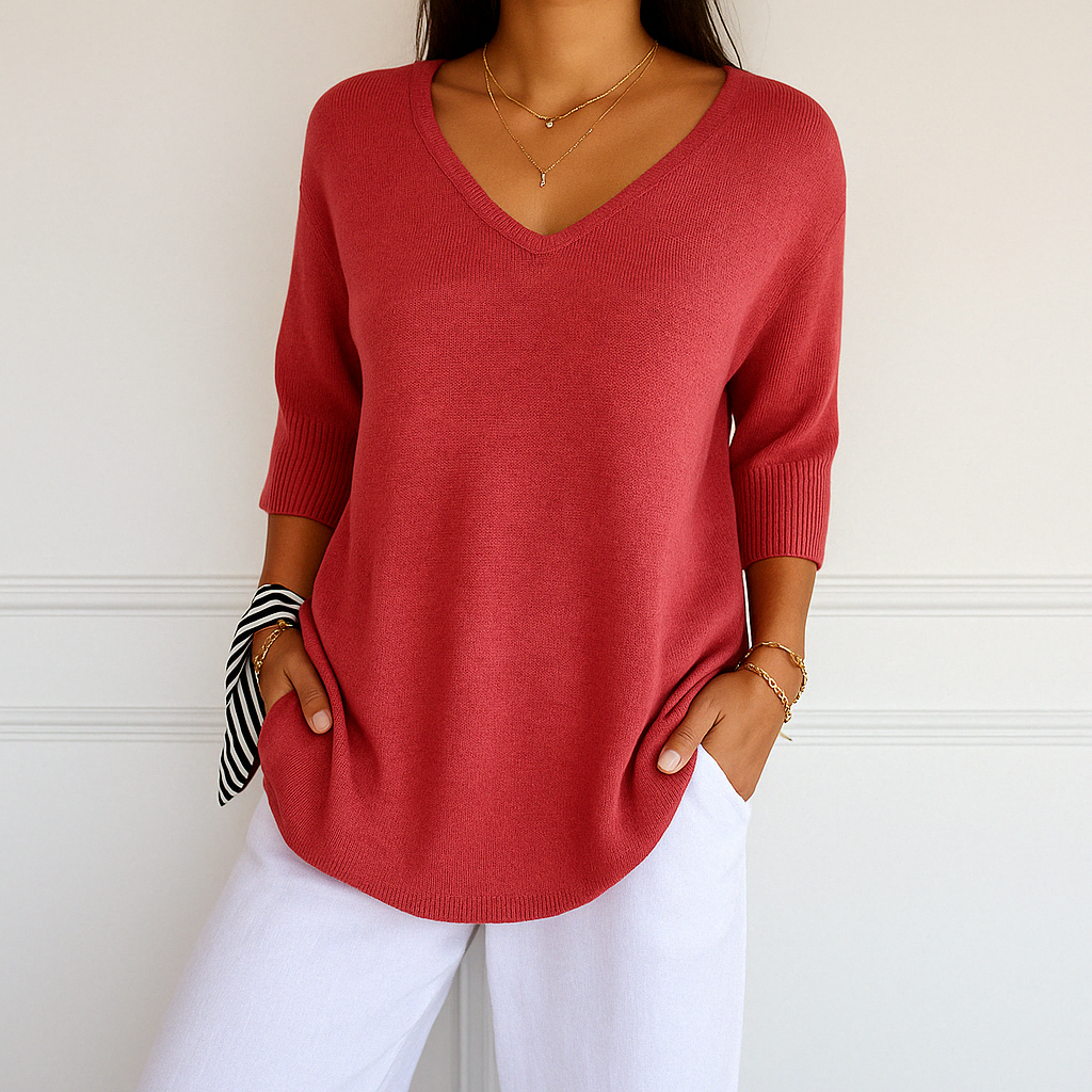 Clara | Women V Neck Short Sleeve Sweater – Red | The Bellemont Sisters Australia
