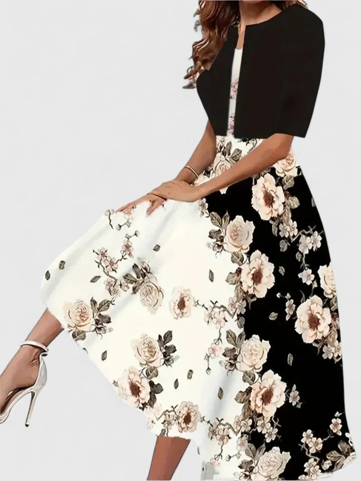 Chantal | Elegant Midi Dress – Black-big Floral | The Bellemont Sisters Australia