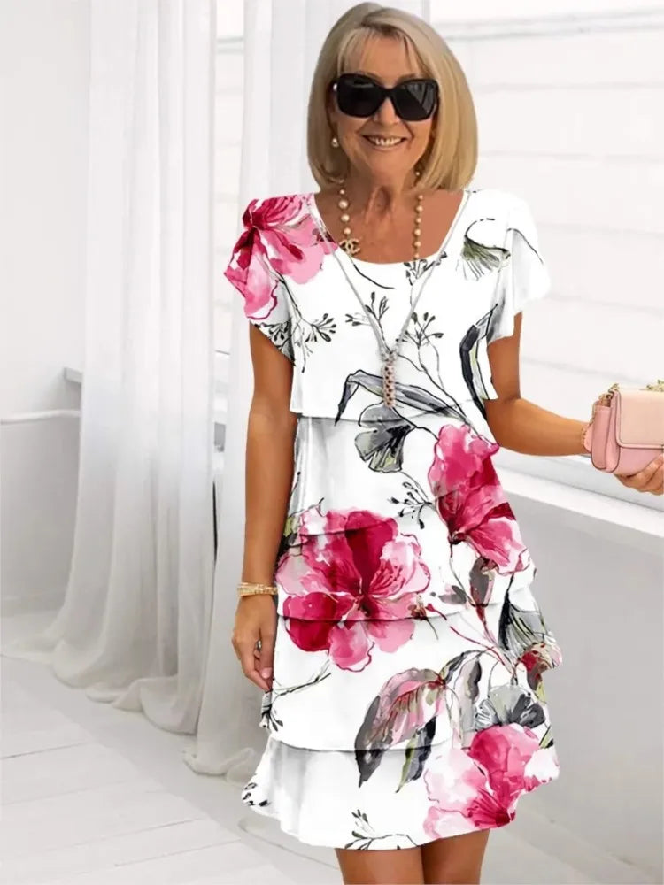 Cynthia | Elegant Comfort Ruffle Dress – White powder flowers | The Bellemont Sisters Australia