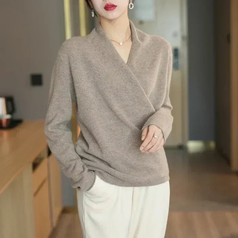 Mabel | Women’s Spring Wrap Neck Knit Top – Camel | The Bellemont Sisters Australia