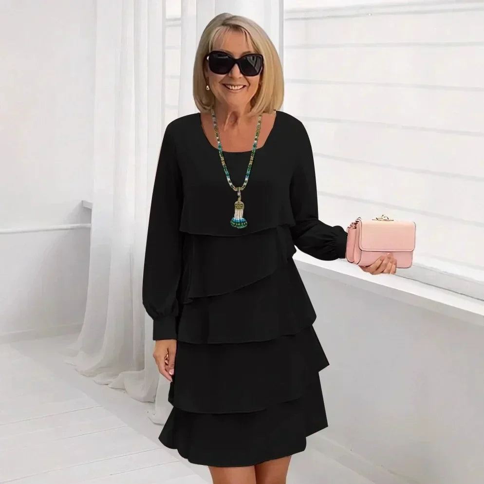Margaret | Elegant Comfort Ruffle Dress Long Sleeve – Black | The Bellemont Sisters Australia