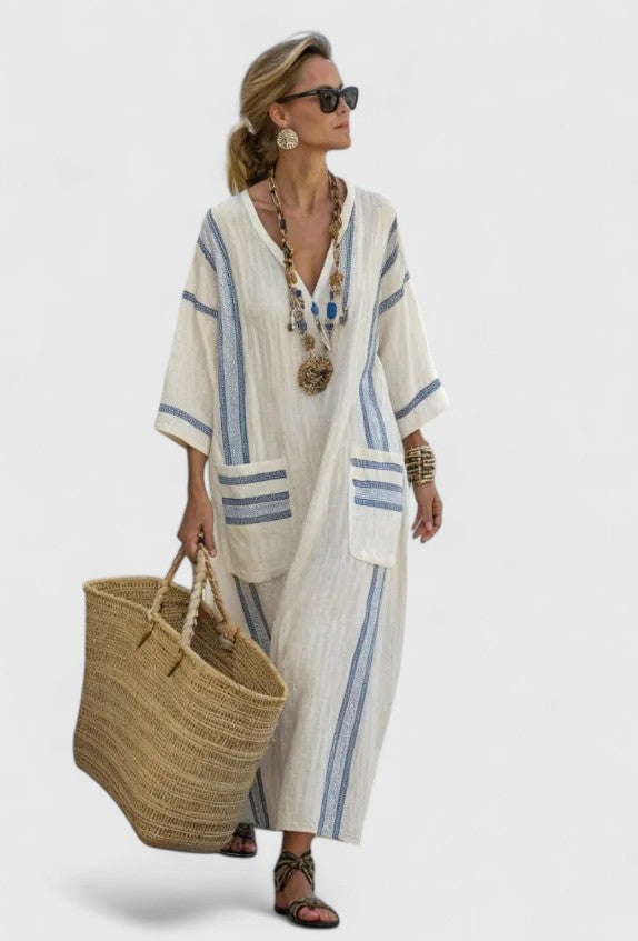 Kyvanna | Elegant Maxi Dress – Beige Light Blue | The Bellemont Sisters Australia