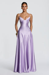Elara | Women's Evening Satin Cupped Maxi Dress – Purple(Out Of Stock) | The Bellemont Sisters Australia