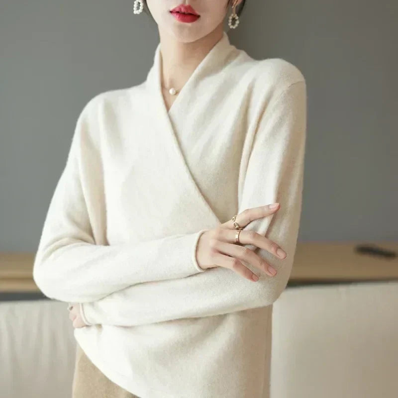 Mabel | Women’s Spring Wrap Neck Knit Top – Beige | The Bellemont Sisters Australia