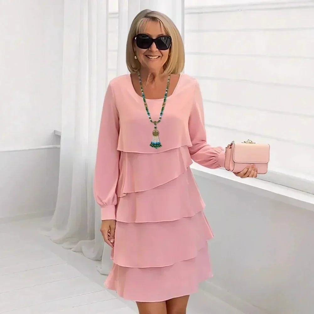 Margaret | Elegant Comfort Ruffle Dress Long Sleeve – Pink | The Bellemont Sisters Australia