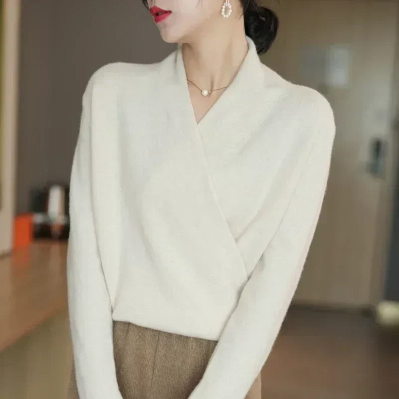 Mabel | Women’s Spring Wrap Neck Knit Top – White | The Bellemont Sisters Australia