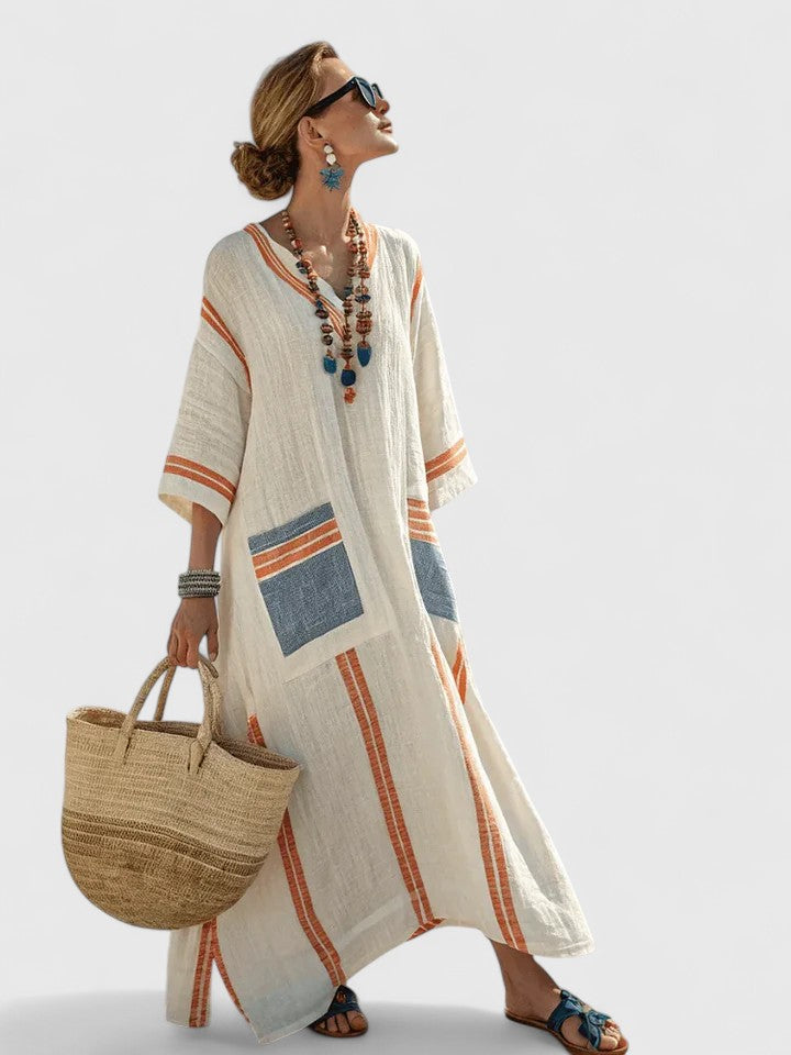 Kyvanna | Elegant Maxi Dress – Beige Black, Beige Orange | The Bellemont Sisters Australia
