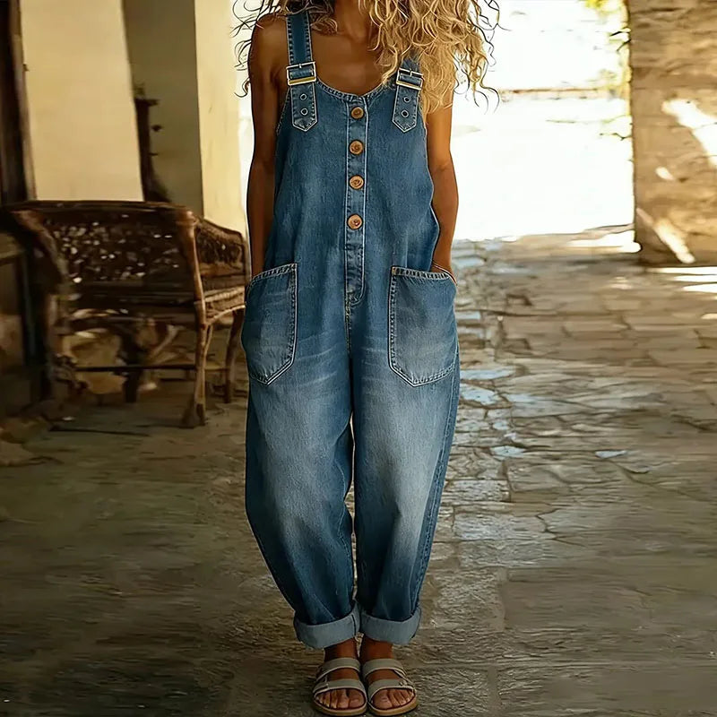 Mara - Vintage Soft Cotton Denim-Look Overalls with Adjustable straps – Blue | The Bellemont Sisters Australia