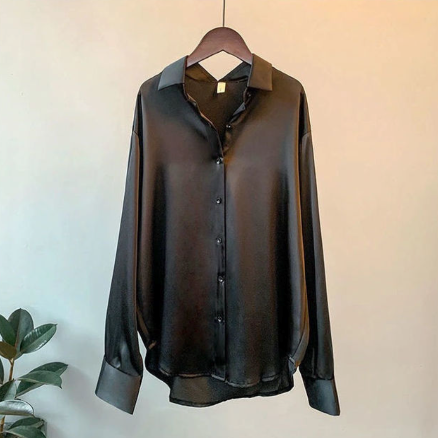 Taylor | Women’s Loose Fit Button Down Satin Blouses – Black | The Bellemont Sisters Australia