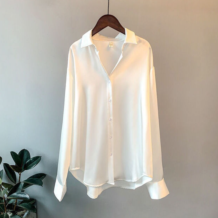 Taylor | Women’s Loose Fit Button Down Satin Blouses – White | The Bellemont Sisters Australia